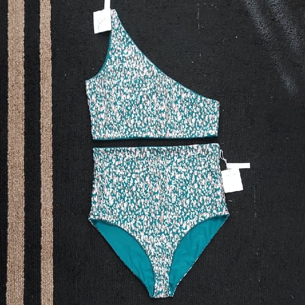 New, Plus Sized, One-Shoulder Teal and White Swimsuit